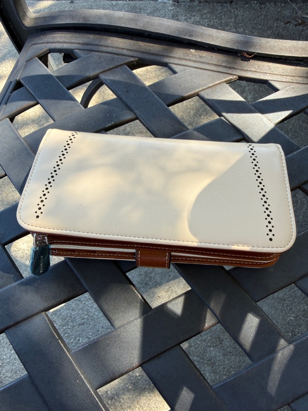 Cream and Brown Women's Clutch Wallet with Floral Snap Accent - Picture 2 of 6